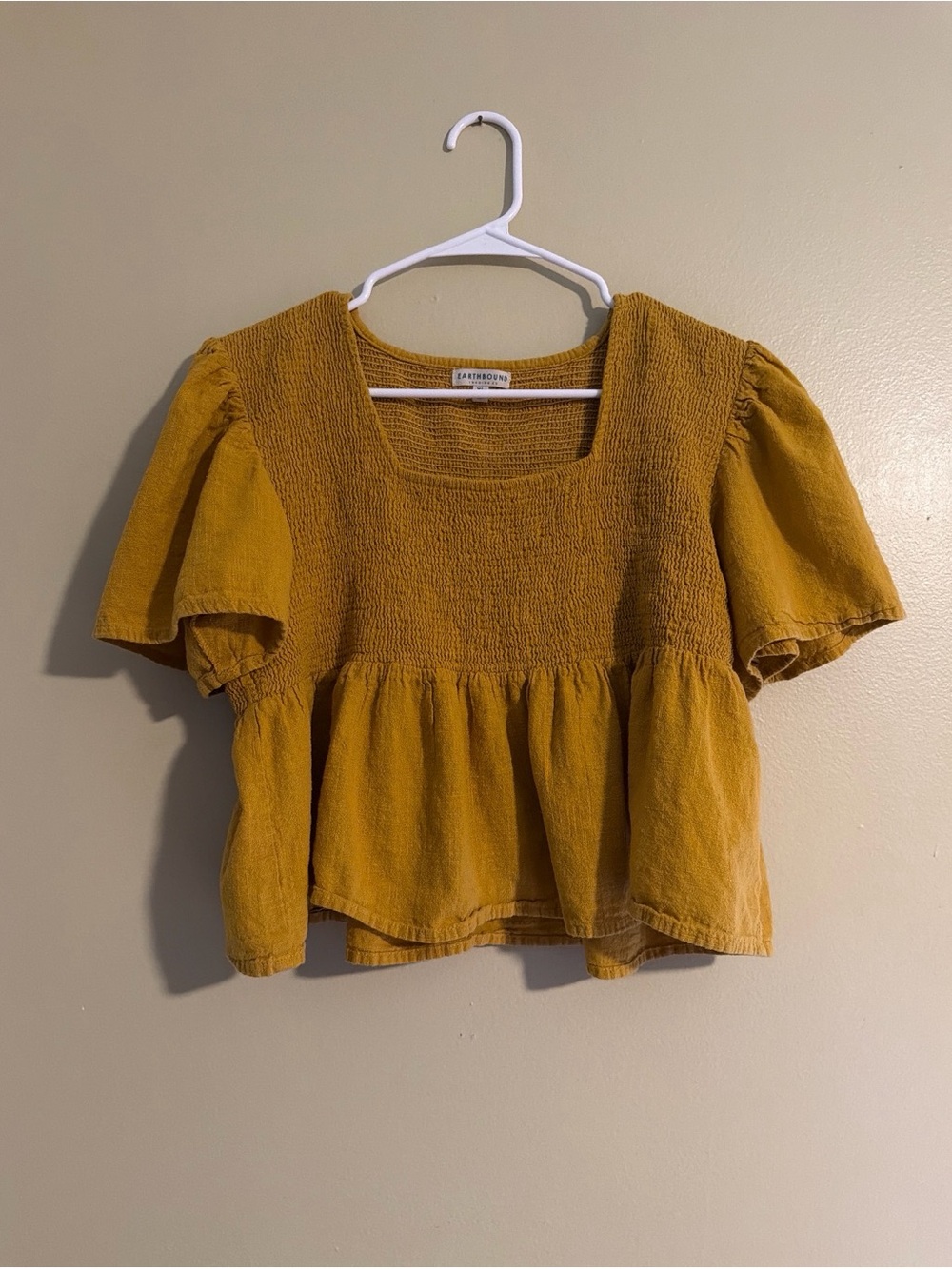 EARTHBOUND Mustard Smocked Square-Neck Peplum Blouse XL 100% Cotton